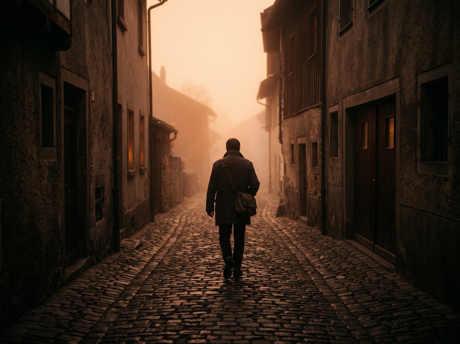 A figure walking a narrow street at dusk