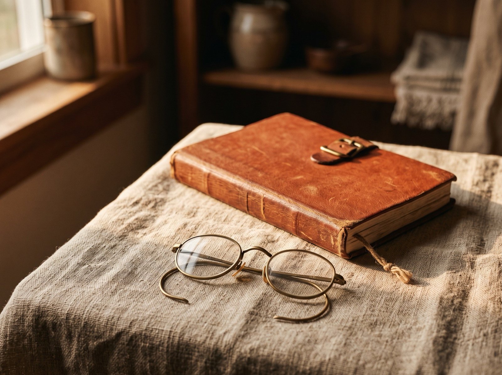 An old book and a pair of reading glasses